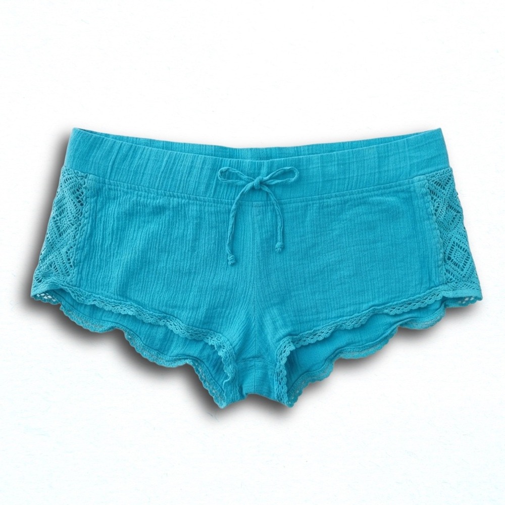 Roxy Turquoise Blue Gauze Crochet Lace Trim Beach Shorts Small